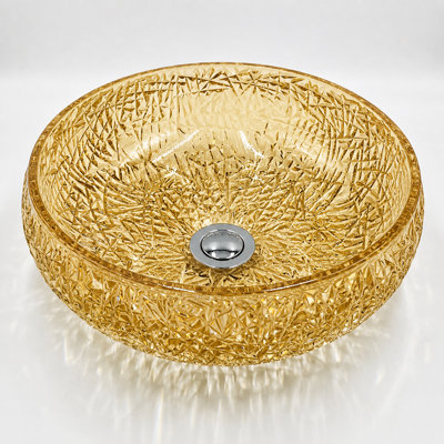 Moonshell 17" Champagne Round Glass Vessel Bathroom Sink with Crystal-Cut Pattern - Clearview Collection