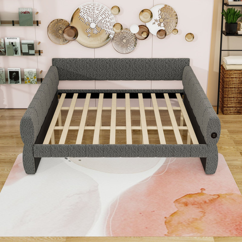 Lit de jour rembourré très grand avec accoudoirs USB, Gris