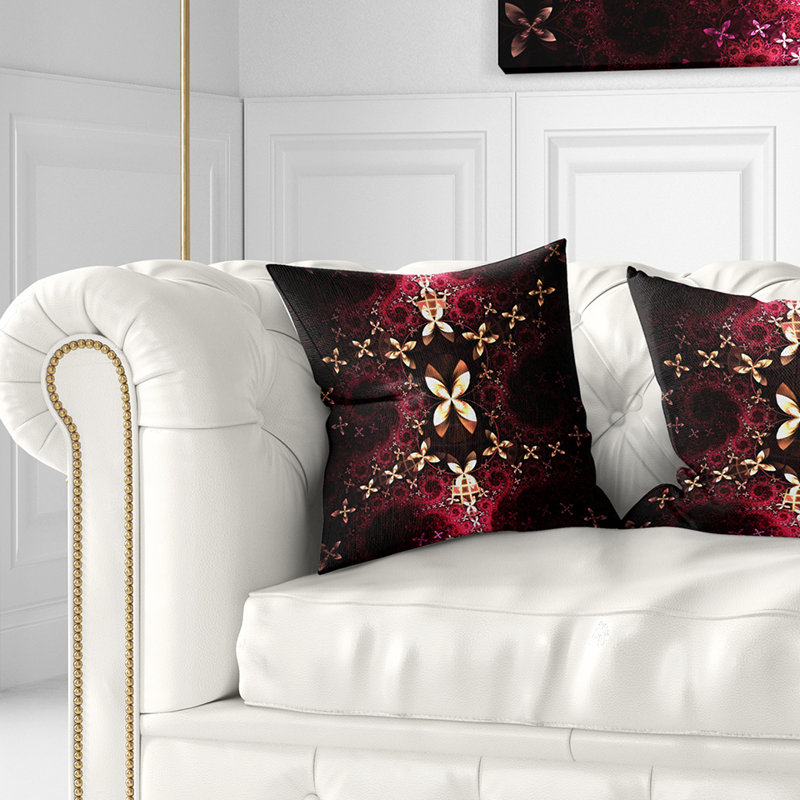 Motif de fleur jaune rouge fractal - coussin imprimé abstrait, 16 po x 1 po, Coussin décoratif