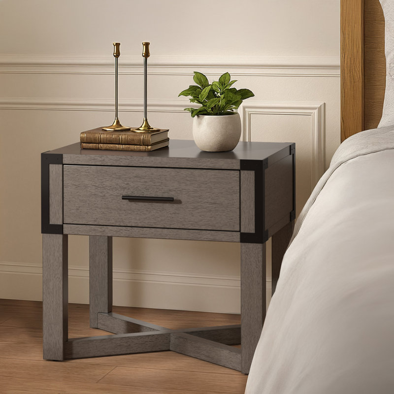 Arcadia Wood Finish X-Base End Table With Drawer Storage, Antique Gray