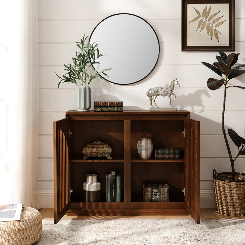 Mid Century Modern Fluted Sideboard Cabinet With 2 Outlet Holes, Buffet Cabinet With Storage, Narrow Side Cabinet For Living Room Entryway Hallway Kitchen Coffee Bar