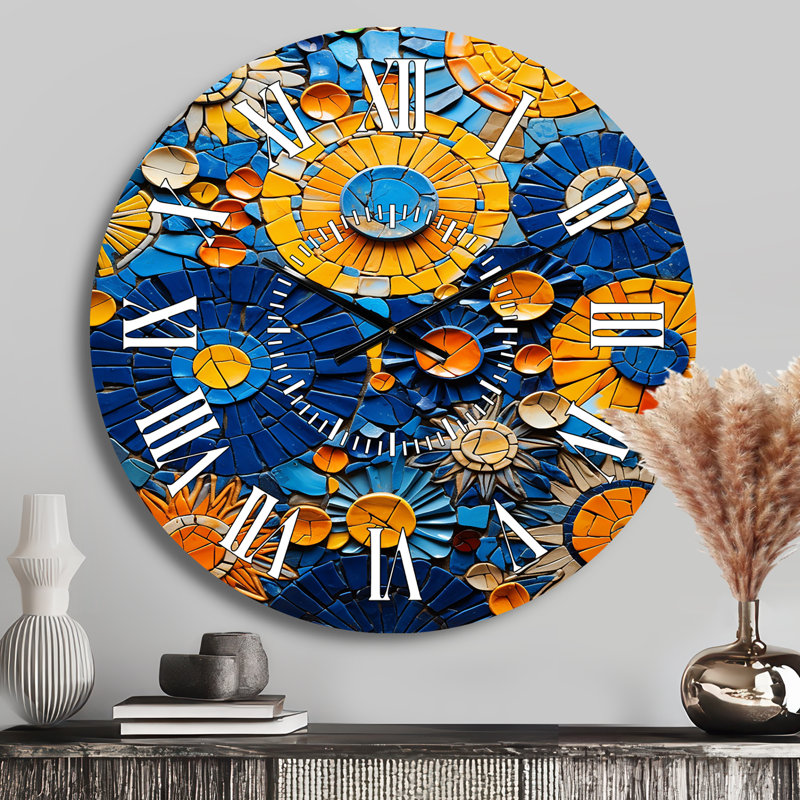 Horloge murale jaune et bleue à carreaux de mosaïque 2 - Boho, Médium