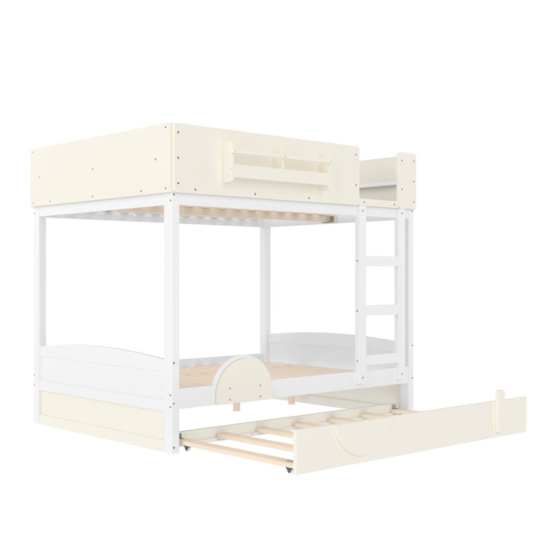 Lit superposé double avec lit gigogne, structure en bois de style automobile beige et blanc