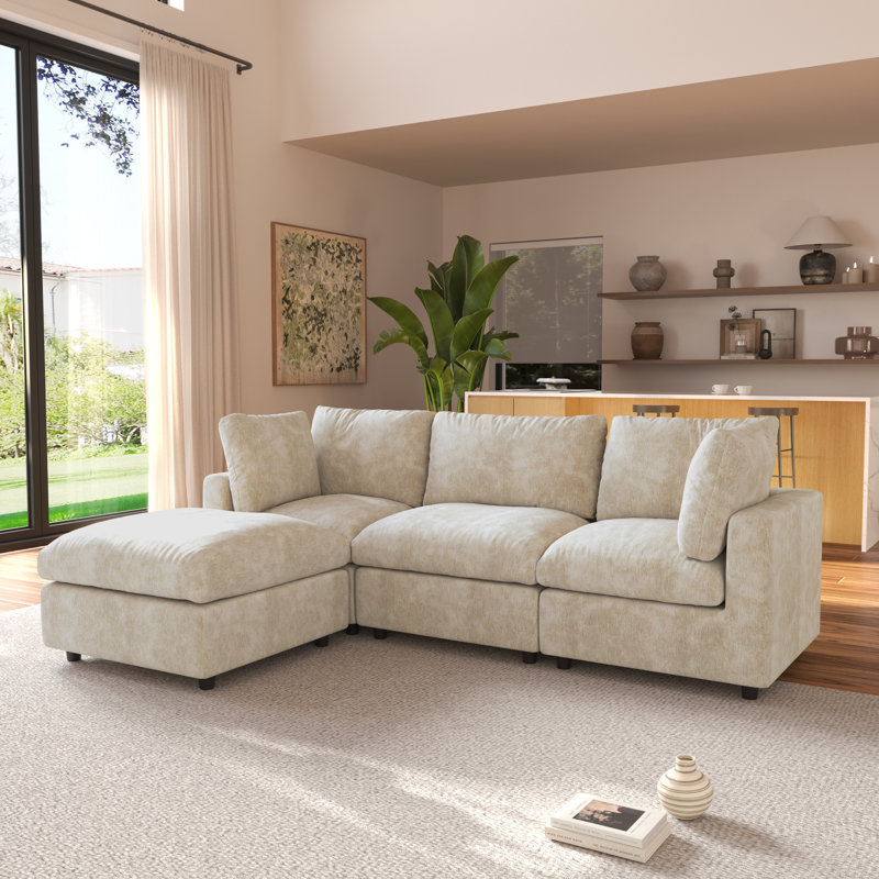 Kessi 4-Piece Slipcovered Sectional, Kakhi Chenille