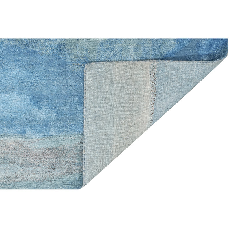 Tapis abstrait noué à la main en beige / bleu, Rectangle 8 pi x 10 pi