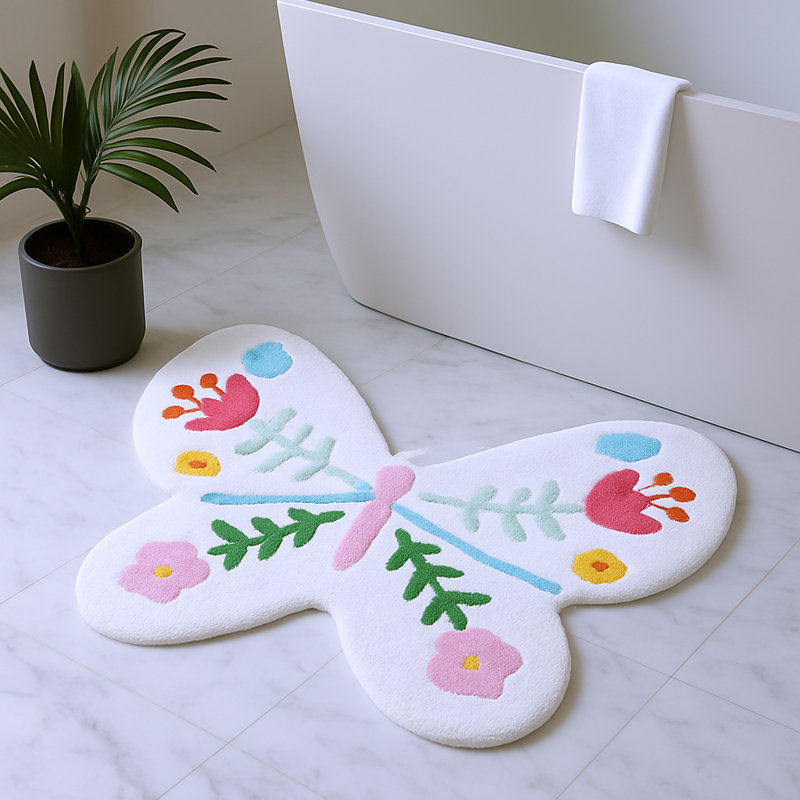 Tapis lavable noué à la main papillon 3 pi x 4 pi rose et blanc