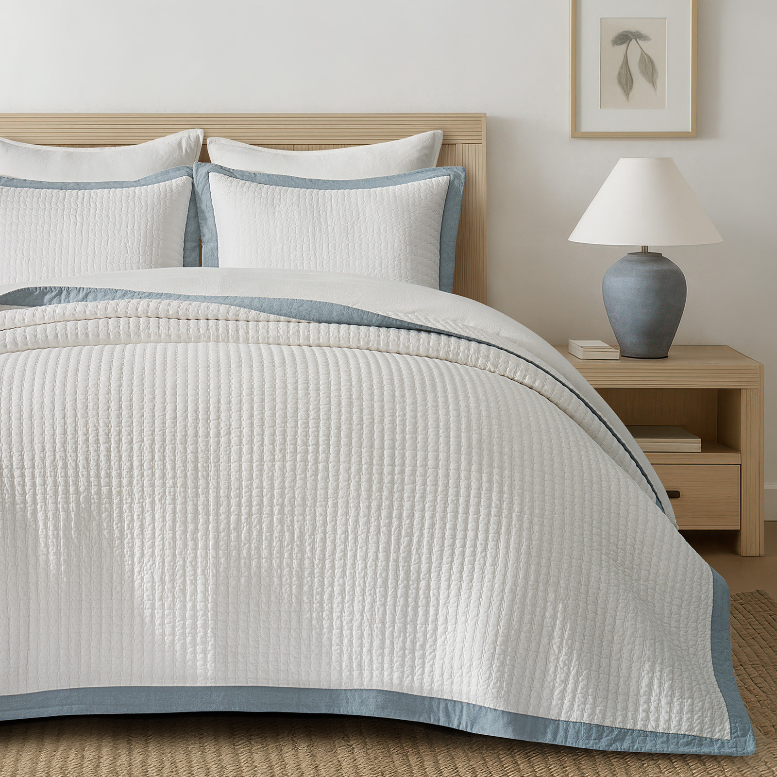 Border Frame Cotton Pick-Stitch Channel Quilt, Blue Linen, Queen Quilt + 2 Queen Shams