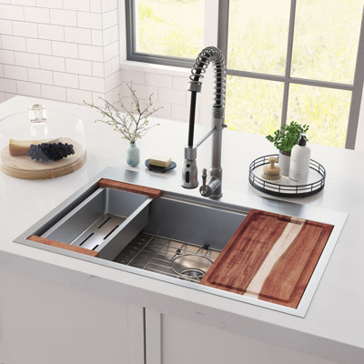 Santa Cruz Drop-In Single Bowl 31 in. Single Bowl Workstation Sink with Spring Neck Faucet Gun Metal Black