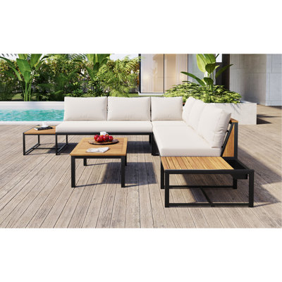 Ensemble de mobilier de patio avec causeuse, ensemble de canapé d'extérieur 4 pièces avec coussins imperméables, mobilier de patio avec conception durable en fer et en bois pour le jardin, la cour arrière, la piscine