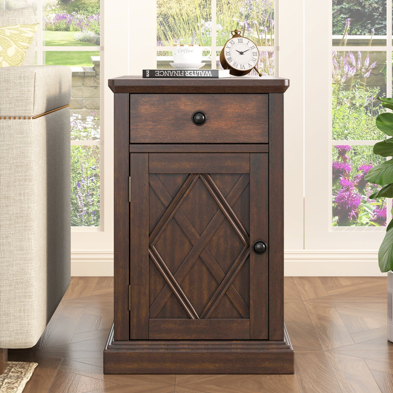 Table de bout à chargement avec ports USB, armoire de rangement et tiroir brun antique