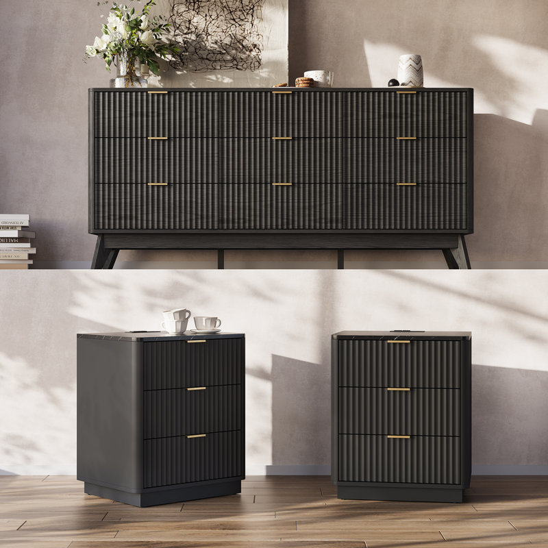 Ensemble de chambre à coucher 3 pièces, commode 9 tiroirs et tables de chevet 3 tiroirs, Noir