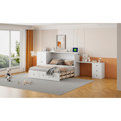 Lit-armoire blanc pour grand lit - avec chargement, grand espace de tiroir, armoire et bureau avec prise de charge, tiroir de rangement, unité