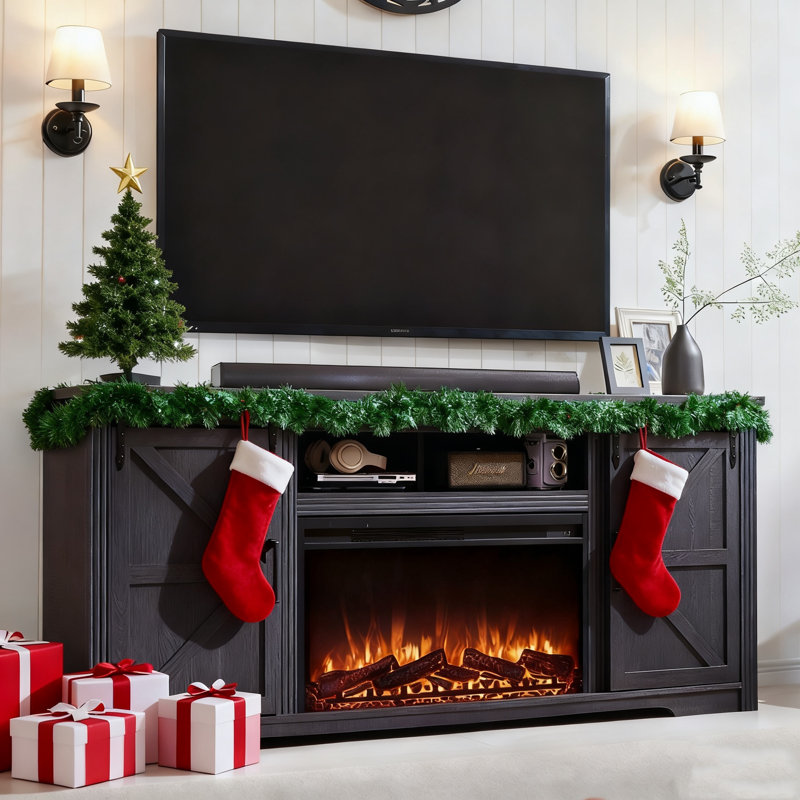Dossou 70 Inch TV Stand For TVs Up To 80 Inches With Electric Fireplace Included, Fireplace TV Console With 2 Sliding Barn Doors & Drawers