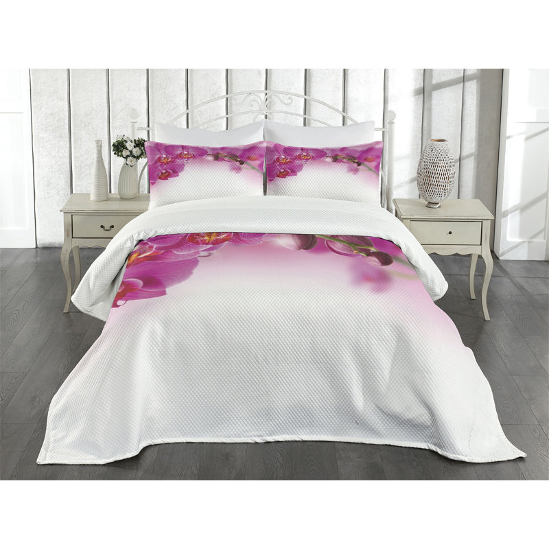 Ambensonne Spa Bedspread Exotic Orchid Multicolor, King Coverlet/Bedspread + 2 Pillow Shams