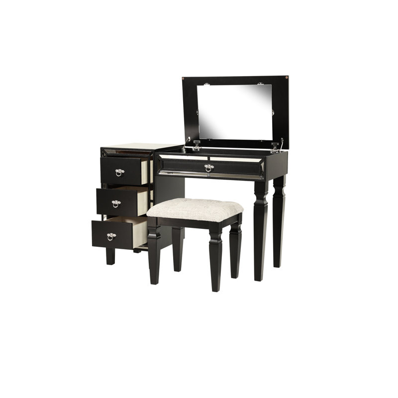 Meuble-lavabo formel en noir pour la chambre à coucher - Tabouret avec siège moelleux et coffre de rangement traditionnel avec tabouret, tiroirs, finition élégante