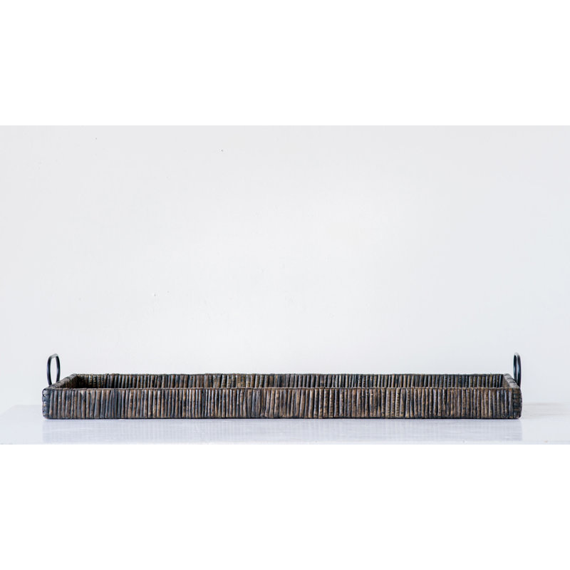 Rattan & Wood Tray with Handles, Black