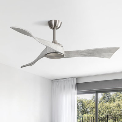 Ventilateur de plafond à hélice moderne de 52 po Kemp sans lumière, télécommande, 3 pales en bois massif, intérieur / extérieur, nickel et gris