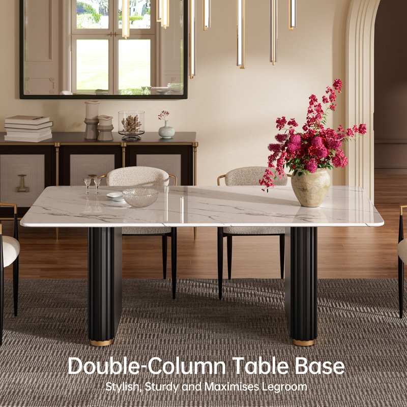 Velora 6-Person Rectangular Double Pedestal Dining Table Set with Bouclé Upholstered Chairs, 7 Pieces: Table, 6 Chairs, White