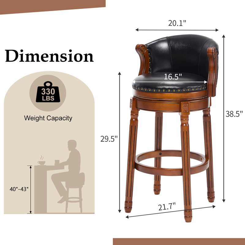 Swivel Bar Stool with Top-Grain Leather Seat, Soft Back, Rubber Wood Frame & Footrest for Kitchen, Dining, or Bar, Black
