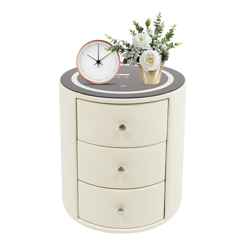 Modern Narrow Nightstand with 3 Drawers, USB Ports, Wireless Charger and Ambient Light, White