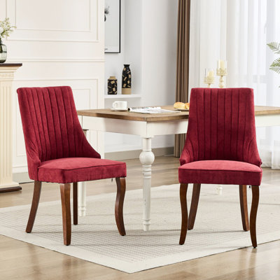 Chaises de salle à manger en rayonne de lin et en lin, paire de 2, pieds en bois massif avec courbe, support pour haut dossier, tissu rouge vin 2, assurance, coussins en acier confortables, pieds incurvés, glamour