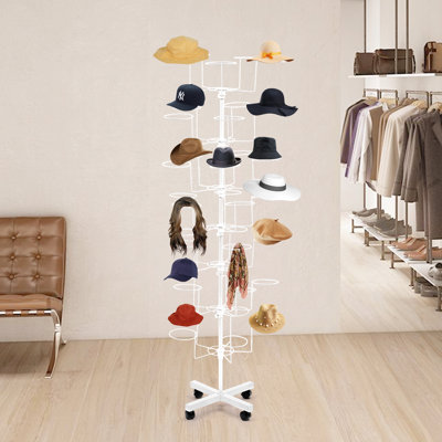 7-Tier White Hat Rack Freestanding Cap Display Holder Movable 35 Hat Organizer with Wheels for Store Office Home Retail Stores