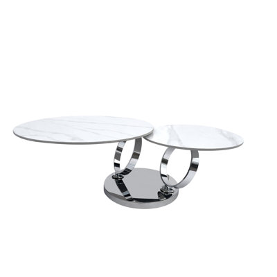 32" White And Silver Ceramic Tile And Metal Round Abstract Coffee Table