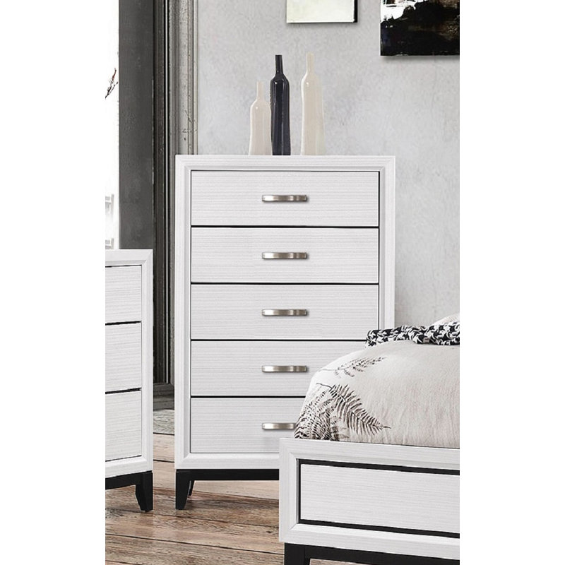 Commode à 5 tiroirs, commode en bois avec cinq tiroirs de rangement pour la chambre à coucher, Blanc