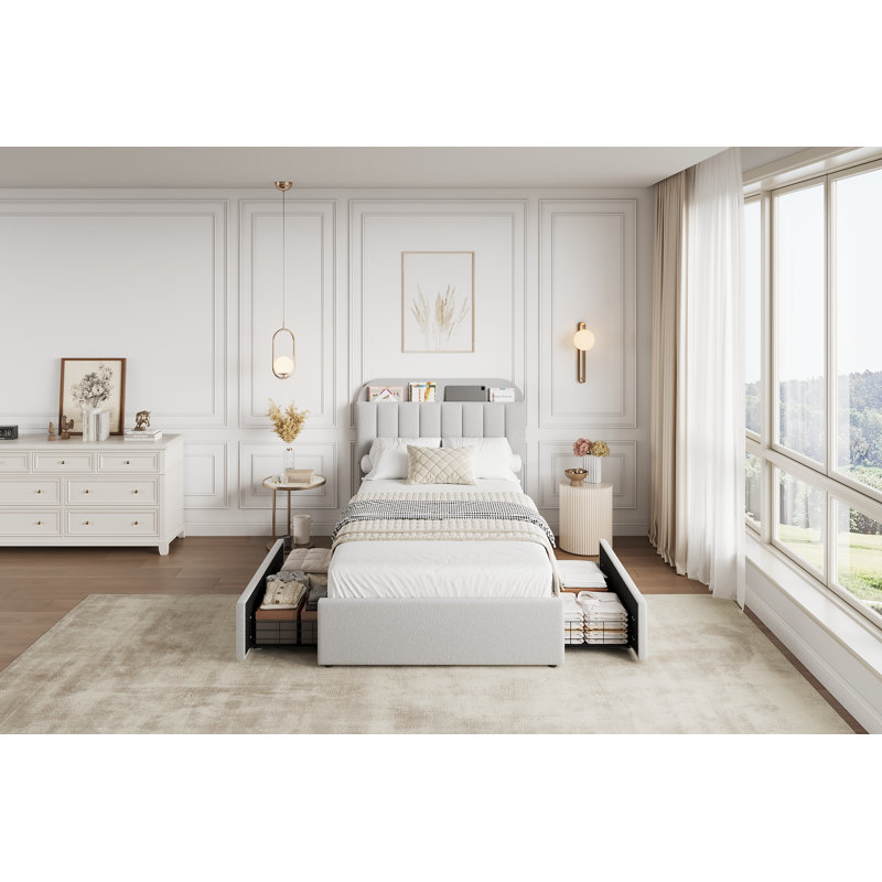Faux Fur Upholstered Bed Frame with Storage Headboard, 2 Drawers, Grey, Twin