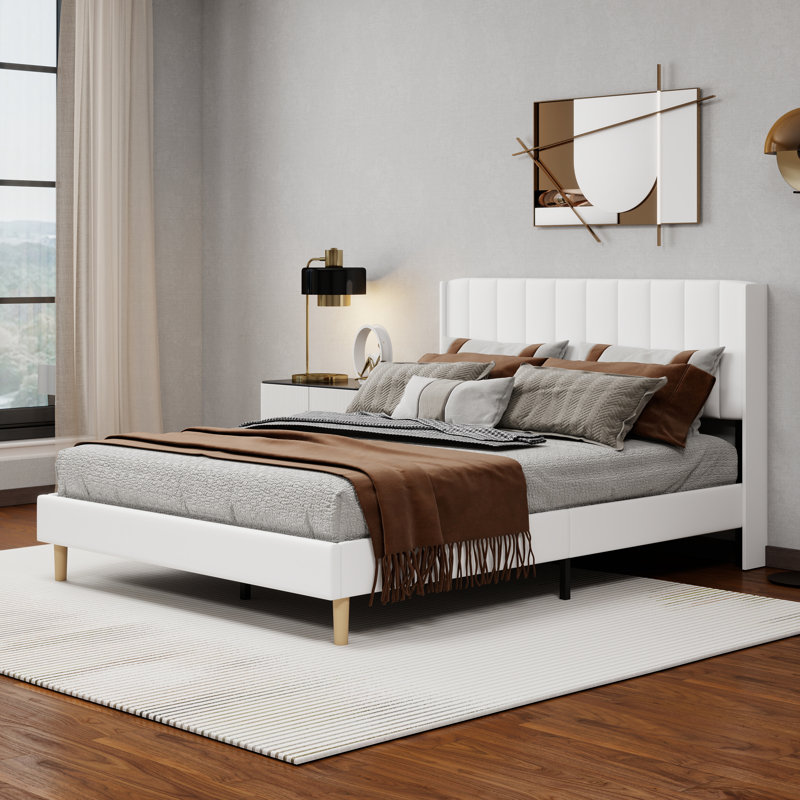 Upholstered  Platform Bed, White, Queen