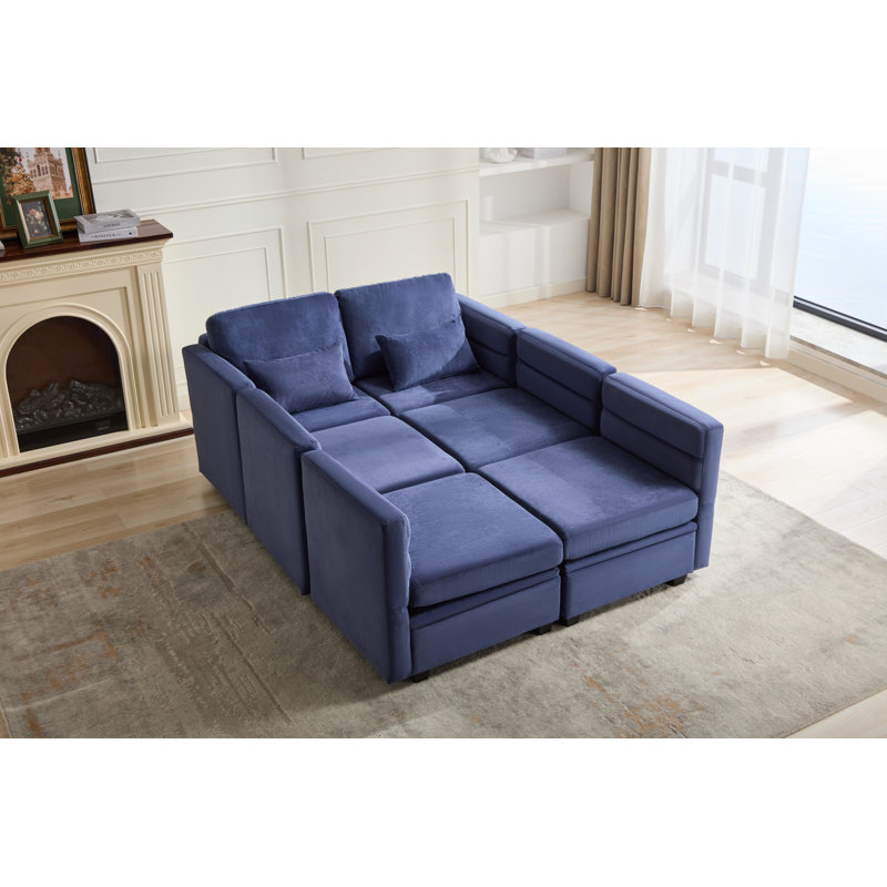 Calkins Modular Sectional Sofa Sleeper Couch Bed With Storage Seats, Blue