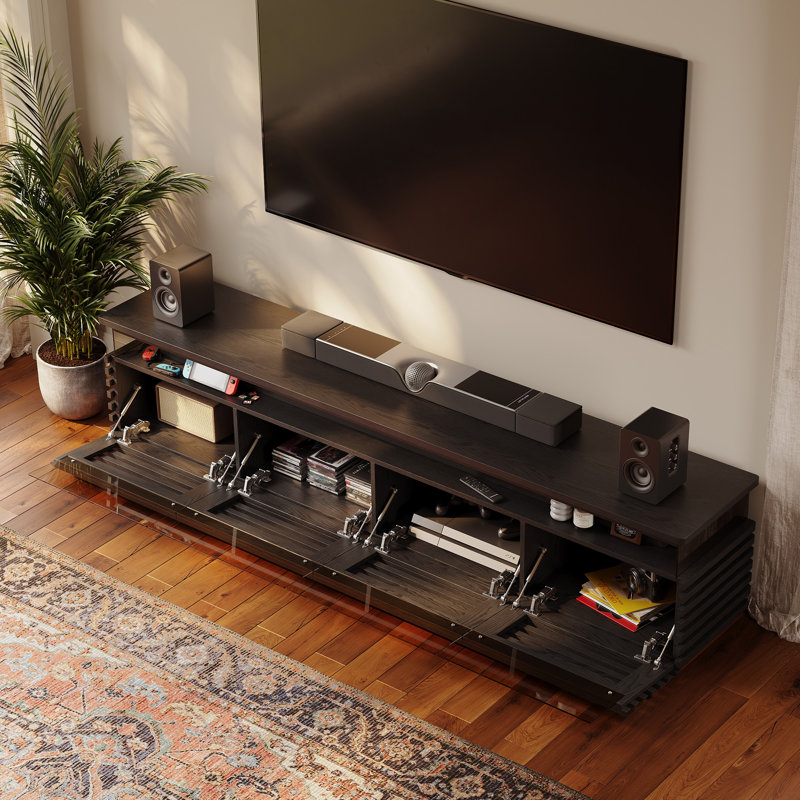 Selene Slatted Media Console With LED Lighting, No Assembly Required, Black, 20.47"H x 94.49"L x 17.72"W