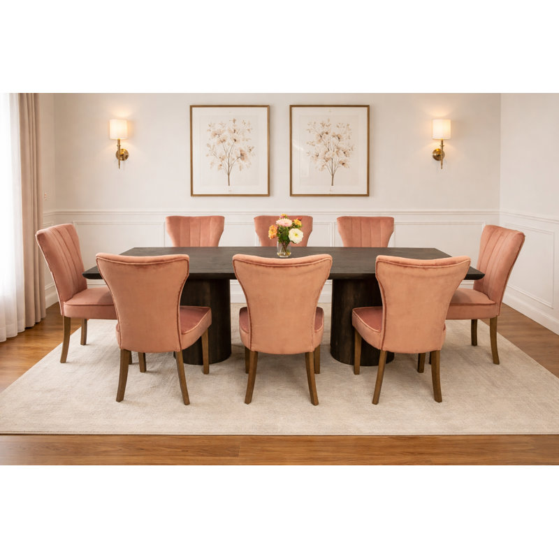 Sullivan 96" Dining Table Set With 8 Blush Chairs, 9 Pieces: Table, 8 Chairs, Pink/Orange