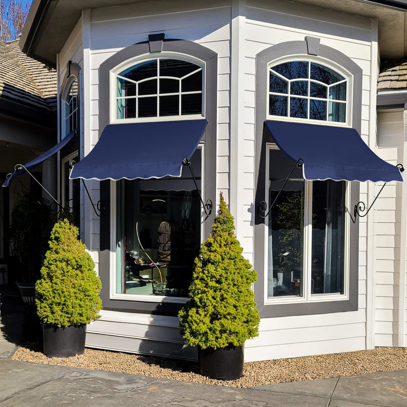 Awntech Charleston Acrylic Fabric Awning with Iron Scroll Arms, Navy, 36" H x 40.5" W x 24" D