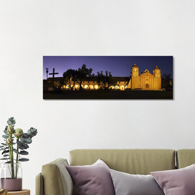 Mission Lit Up At Night, Mission Santa Barbara, Santa Barbara, Santa Barbara County, California, USA - Wrapped Canvas Panoramic Print