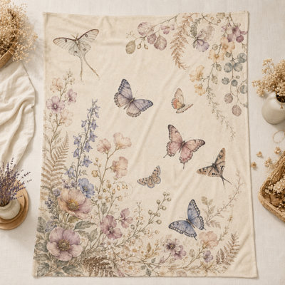 Jeté botanique rétro papillon et papillon, imprimé floral crème antique avec des ailes de rose cendré et de lavande pour canapé, lit et lecture quotidienne, 60 x 80 po
