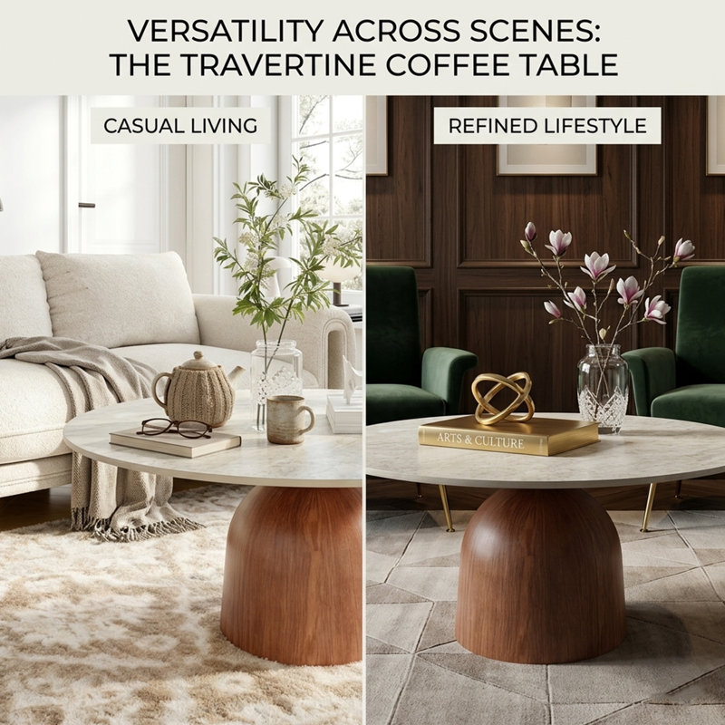 Meranda 35" Travertine Textured Round Coffee Table With Solid Wood Base, Sturdy Living Room Center Table For Small Space & Family Room