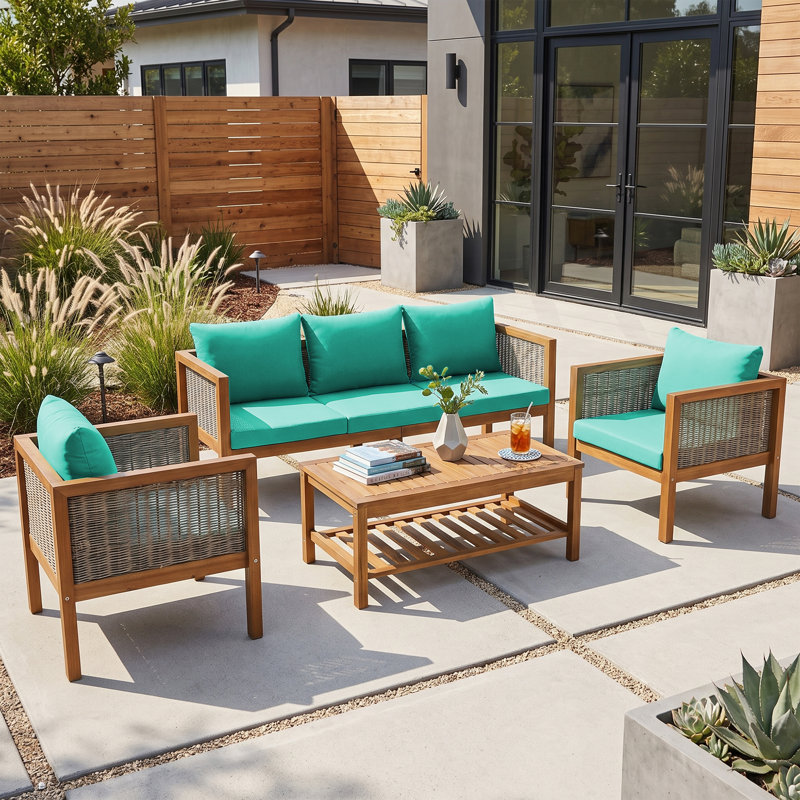 Ensemble de canapé de patio Willowcrest 4 pièces, ensemble de conversation extérieure avec coussins et table basse, Vert