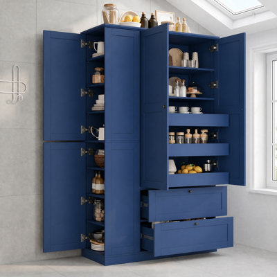 Armoire de cuisine Farmhouse avec 8 tablettes, 2 tiroirs, 3 plateaux coulissants, 4 portes
