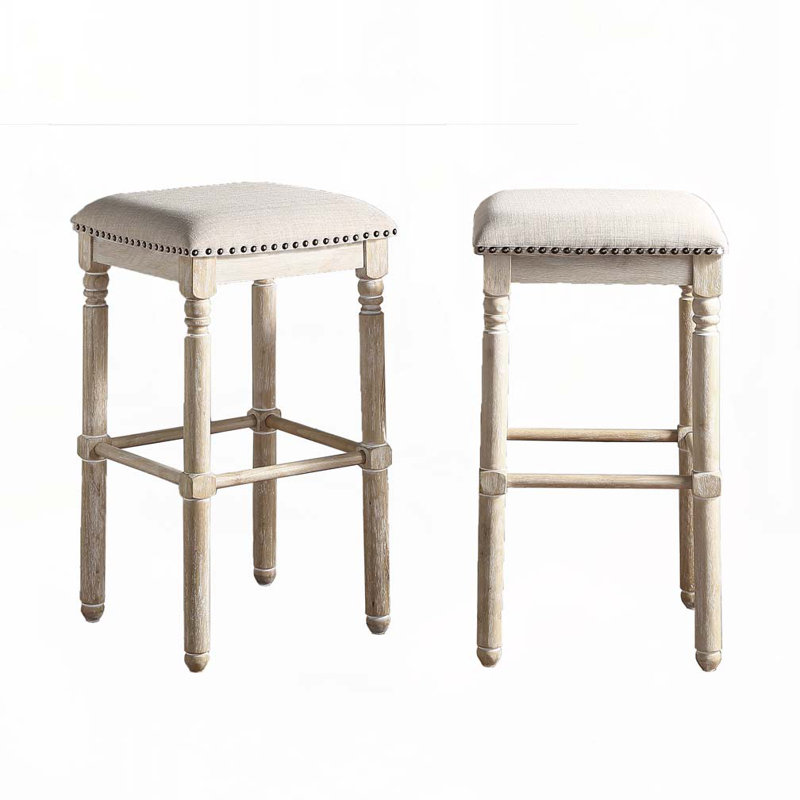 Ensemble de tabourets de bar en polyester rembourrés de bois avec garniture cloutée, Beige, Chêne clair
