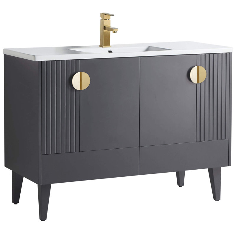 Ensemble de meuble-lavabo simple 48 po Saimah, Gris roche, Laiton satiné