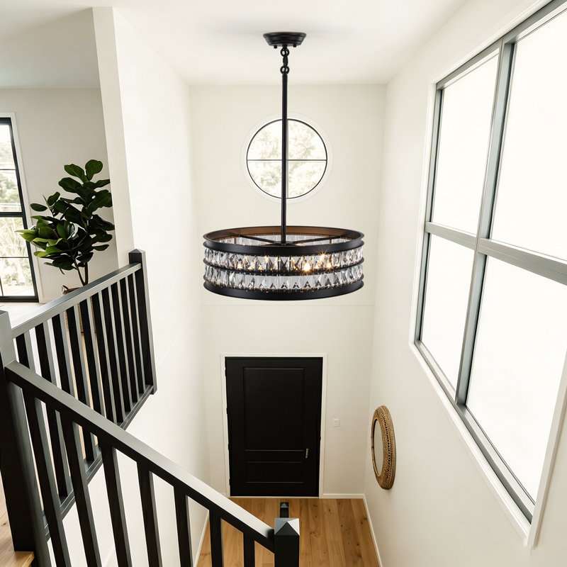 Modern 6-Light 19.69 inch Dimmable Drum Crystal Chandelier Contemporary Round Ceiling Fixture with Black Metal Frame