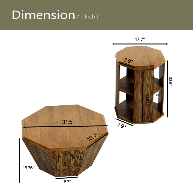 Ensemble de deux tables basses, table basse et salon de 31,5 po en bois d'hévéa octogonal (ensemble de deux pièces), Naturel
