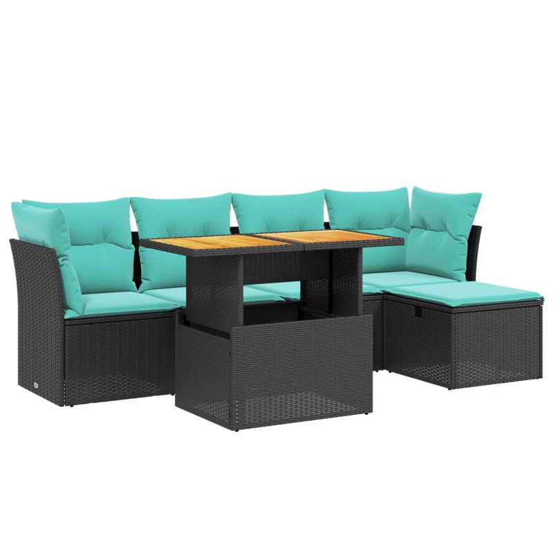 Ensemble de canapés de patio 6 pièces avec coussins en rotin noir pour l'extérieur, Coussin bleu / cadre noir