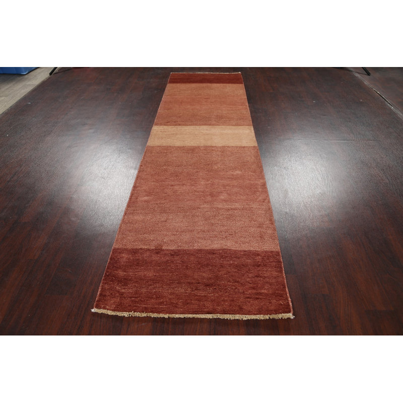 Tapis de couloir beige en laine noué à la main de conception unique 2 pi 7 po x 10 pi 2 po New Age
