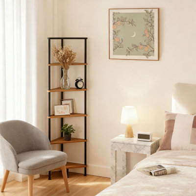 Industrial 6-Tier Corner Bookshelf With Metal Frame, Space-Saving Wall Shelf For Small Spaces, Display Shelf For Living Room And Bedroom