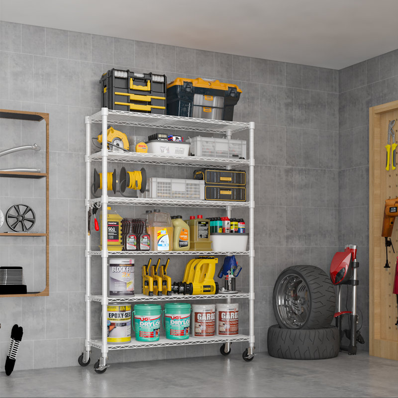 81'' White 6-Tier Storage Shelves With Hooks And Wheels