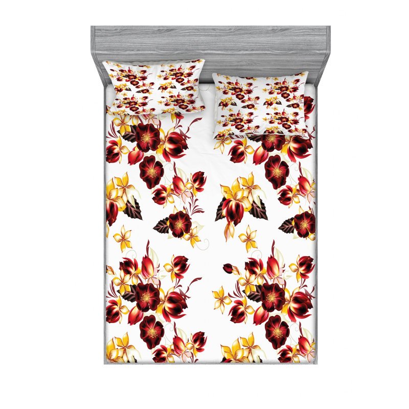 Microfiber Floral Sheet Set, Queen Sheet Set with Fitted Sheet, Red Floral