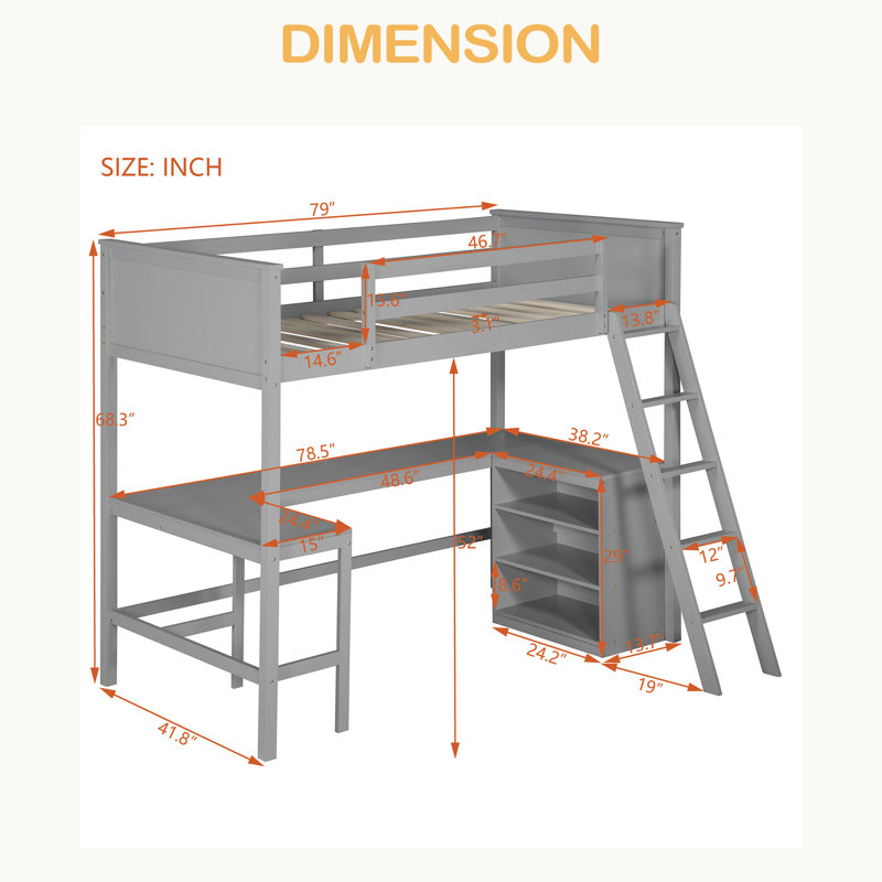 Lit mezzanine simple avec tablettes et bureau, lit mezzanine en bois avec bureau, Grey