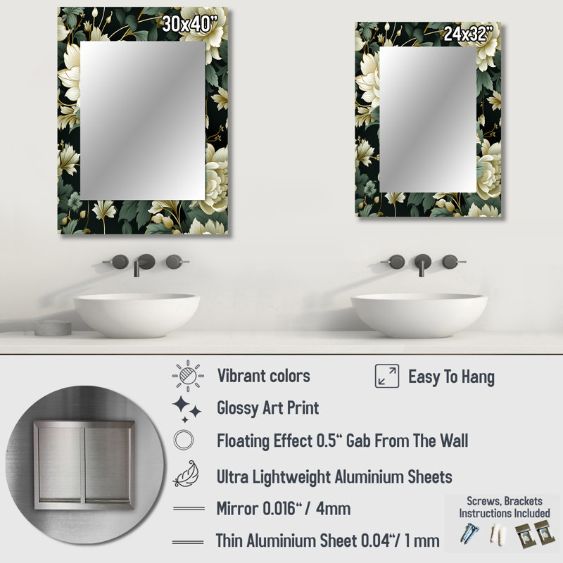 Brezlyn Green Pe pivs Love Damask Poetry - miroir floral, miroir mural floral unique, impression d'art en métal